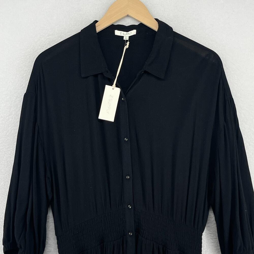 Z SUPPLY Dress L Tanya Maxi 3/4 Sleeve Pleated Smocked Button Front Black NEW - Picture 4 of 14